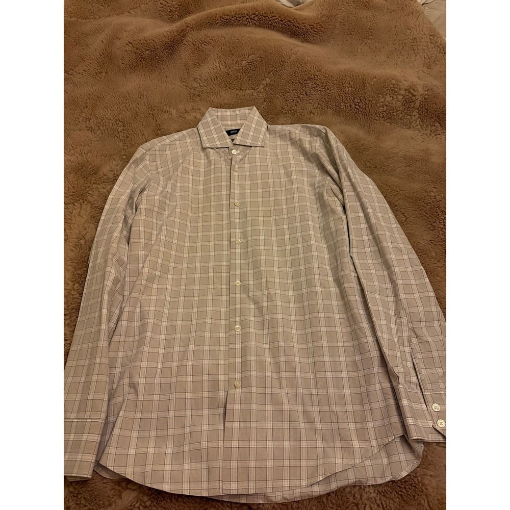 Hugo Boss Regular Fit Dress Shirt Mens Tan Beige Plaid Long Sleeve Button Down